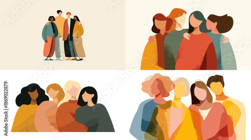 Flat illustration of diverse people gathered closely showing friendship inclusion community and emotional connection in warm modern social lifestyle concept.