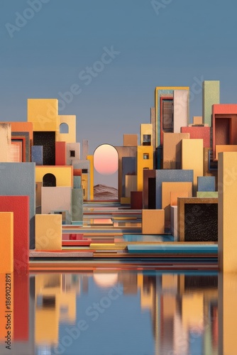 Colorful Abstract Architecture in a Reflective Landscape