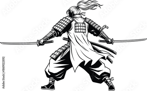 Samurai Warrior with Dual Katanas in Dynamic Combat Pose for Strength, Discipline, and Traditional Japanese Martial Art Vector Design