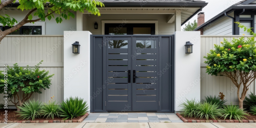 Fototapeta premium Modern entrance with stylish doors and greenery accentuating the façade.