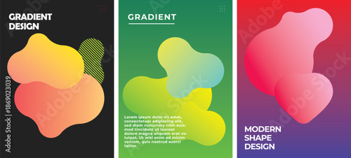 Set of Three Modern Abstract Fluid Gradient Design Posters featuring Dynamic Organic Blob Shapes and Vibrant Color Transitions