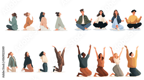 Vector illustration set of people meditating sitting and celebrating expressing mindfulness joy balance and emotional wellbeing in modern lifestyle and wellness concepts.