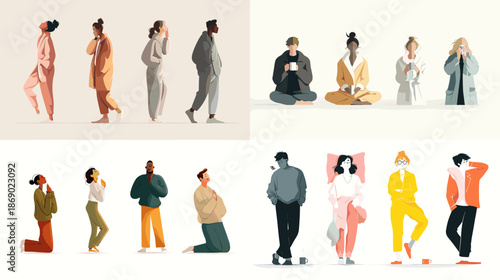 Vector illustration of diverse people in seated and standing poses representing modern lifestyle individuality inclusion and everyday human activities in warm flat style.