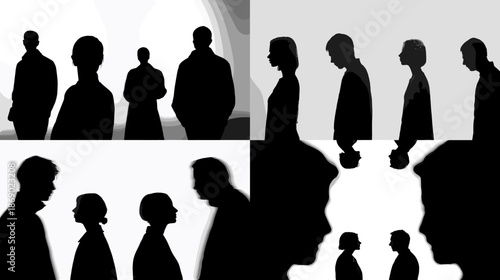 Dark silhouette illustration of people profiles in groups expressing identity social presence communication and emotional distance for psychology and society concept designs.