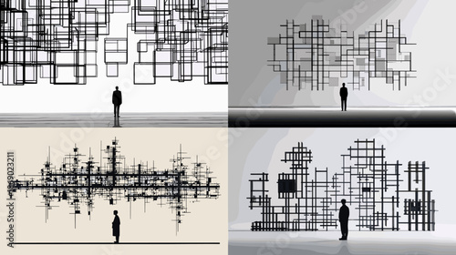 Abstract silhouette illustration of lone human figures in complex geometric structures representing mind complexity systems isolation and conceptual problem solving scenes.