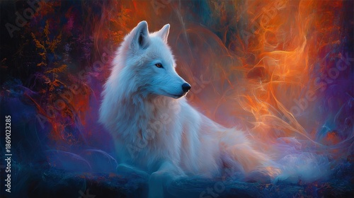 A majestic white wolf rests against a vibrant, swirling backdrop of colors, creating a mystical and enchanting atmosphere.
