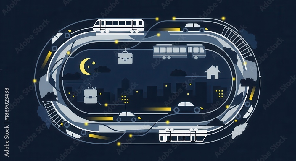 Obraz premium Various modes of urban transportation circulate through a nighttime cityscape illustration