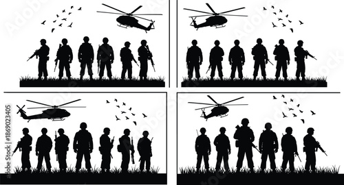 Military soldiers silhouettes with helicopter support, battlefield formation, tactical teamwork, war concept illustration isolated on white background vector art