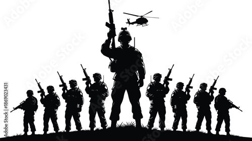 Military Squad Silhouette Illustration Featuring Armed Soldiers with Rifles and Helicopter Support Symbolizing Modern Warfare, Defense, Tactical Mission and Army Strength