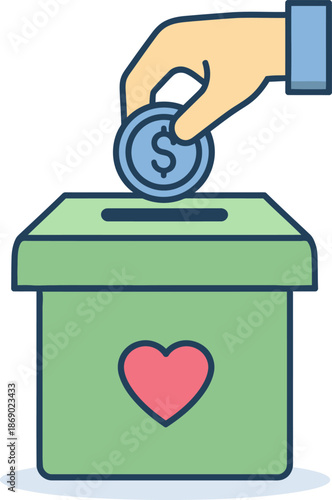 A hand is dropping a coin into a donation box with a heart symbol on it.