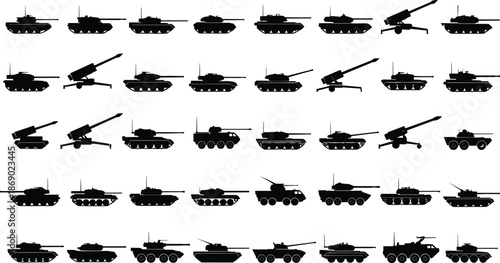Military Tank Silhouette Collection Featuring Armored Vehicles, Artillery and Combat Machines, Modern Warfare Army Icons Set Vector Illustration