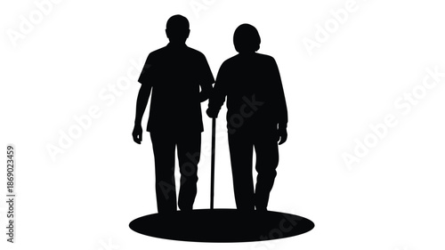 Silhouette of an elderly couple walking together with a walking cane