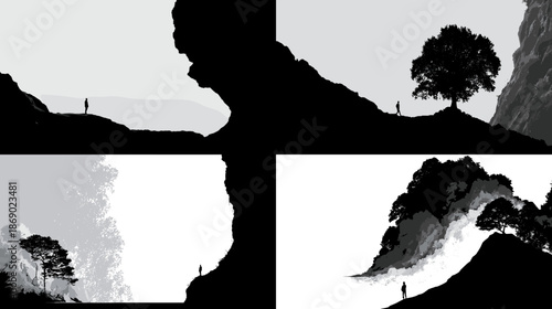 Abstract silhouette illustration of human figures within dramatic natural landscapes symbolizing journey solitude contrast and relationship between people and environment.