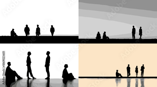 Minimal silhouette illustration of distant human figures walking and standing in wide open space symbolizing journey separation time and emotional distance in abstract storytelling scenes.
