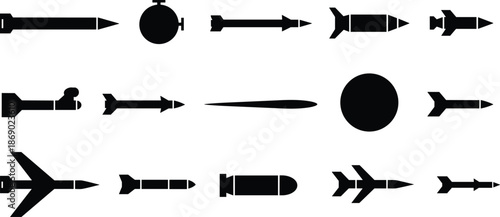 Missile silhouette collection set, military rocket and bomb shapes, weapon ammunition icons, defense warfare symbols, cad drawing flat vector illustration