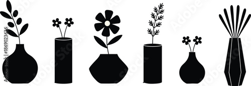 Minimalist black vase silhouettes, modern floral decor illustration, flat vector style, botanical home interior design, abstract art composition wall poster