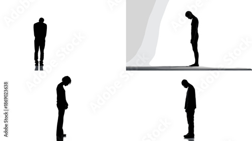 Minimal silhouette illustration of standing human figures showing introspection loneliness and emotional reflection in empty space for psychology and mental health concepts.