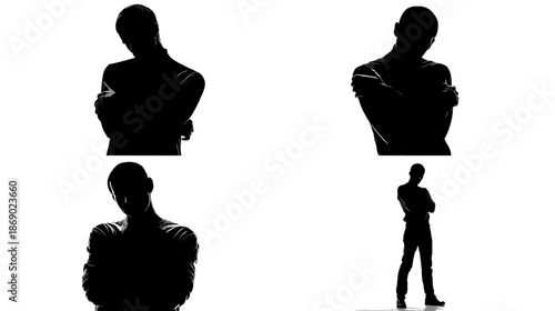 Dark silhouette illustration of people with arms crossed showing defense insecurity resistance and emotional withdrawal for psychology attitude and social behavior concepts.