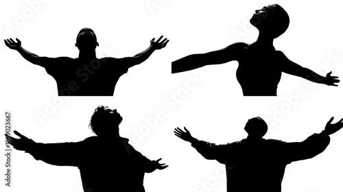 Silhouette illustration of people with open arms expressing freedom joy relief and emotional release for inspiration spirituality and positive mindset visual concepts.