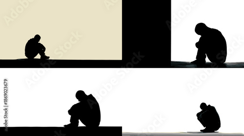 Minimal silhouette illustration of lonely human figures sitting apart in empty space symbolizing isolation depression separation and emotional distance in conceptual psychology scenes.