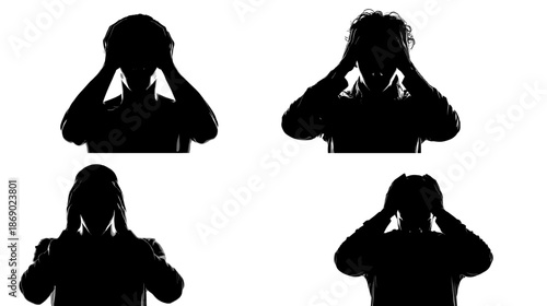 Dark silhouette illustration of people holding their heads expressing stress anxiety fear and emotional tension for mental health psychology and emotional concept design.
