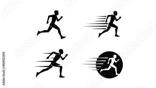Silhouettes of running people with speed lines and a circular logo design