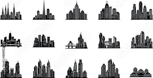 Modern city skyline silhouette collection set, contemporary urban skyscraper architecture, downtown metropolitan horizons, building landmark icons, cad drawing flat vector illustration