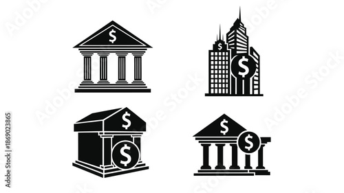 Black and white bank building and safe icons with dollar signs