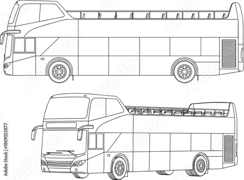 Modern double decker bus outline illustration with side and front perspective views in black and white line art for transport and technical design