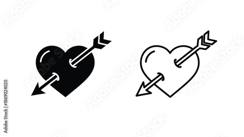 Two heart icons pierced by arrows one filled one outlined black and white