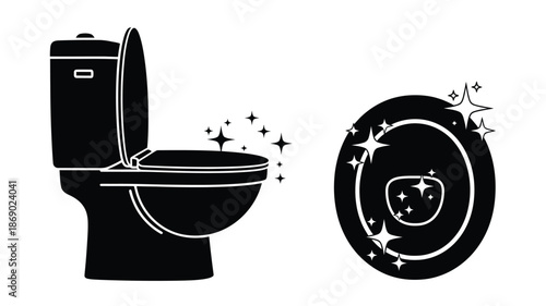 Toilet cleaning icon with sparkling toilet brush and a clean toilet bowl