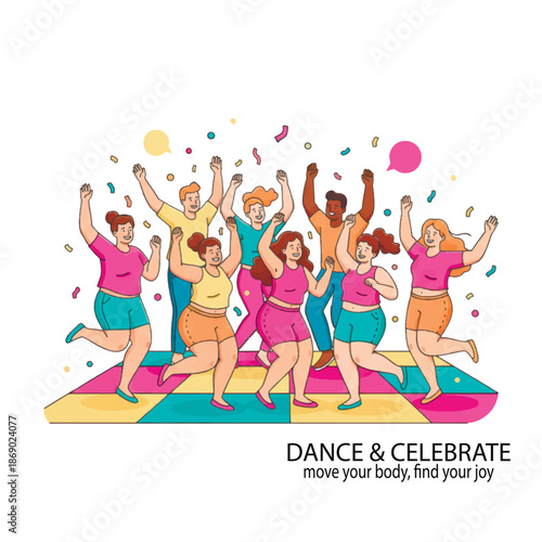 Diverse group of happy plus-size people dancing and celebrating on a colorful dance floor with confetti. Vector illustration of body positivity, joy, and active lifestyle.