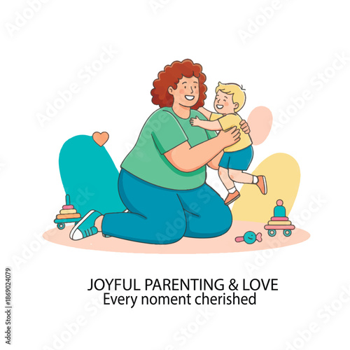 Happy plus-size mother hugging her young son in a playroom with toys. Heartwarming vector illustration of joyful parenting, body positivity, and family love.