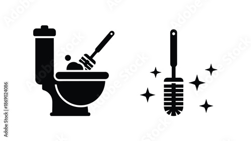 Toilet cleaning icons a toilet brush and plunger with sparkle effects