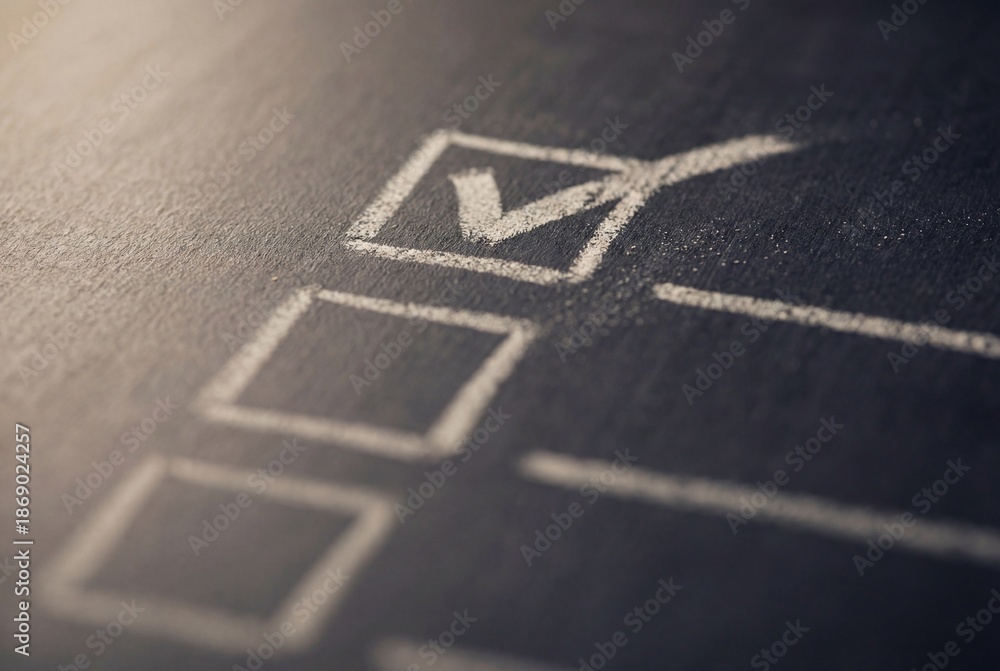 Fototapeta premium White chalk check mark inside a square box on a dark textured chalkboard checklist surface