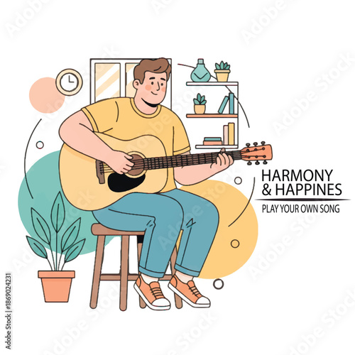 Cheerful plus-size man sitting on a stool and playing an acoustic guitar at home. Heartwarming vector illustration of body positivity, musical hobby, and creative joy. Isolated on white.