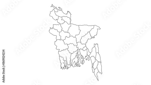 Outline Map of Bangladesh with Administrative Divisions, isolated white background.