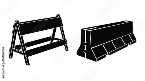 Two black silhouettes of concrete barriers a common roadside safety feature