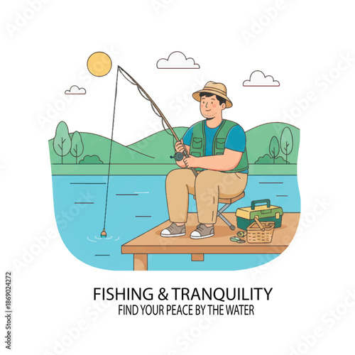Cheerful plus-size man fishing on a wooden pier by a calm lake. Vector illustration of body positivity, outdoor hobbies, peaceful nature, and active summer retirement.