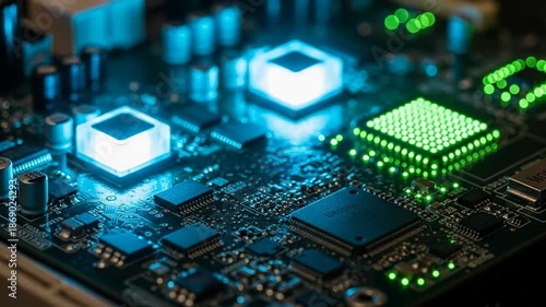 Close-up view of glowing electronic microchips and intricate circuitry on a blue printed circuit board.