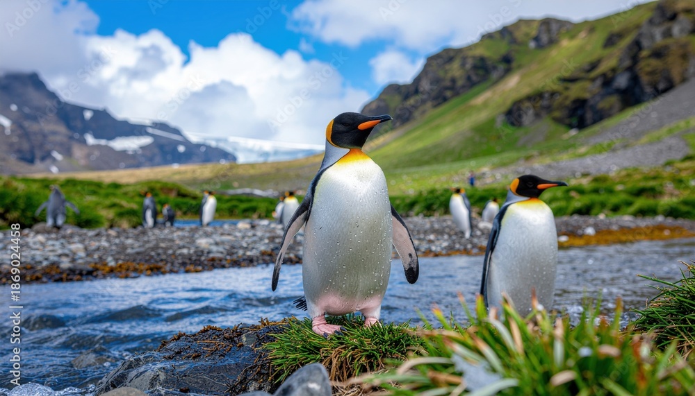Obraz premium Two King penguins stand by a flowing stream in a lush, mountainous landscape with other penguins in the background under a partly cloudy sky.