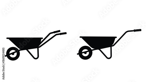 Two black silhouette images of wheelbarrows side by side on a white background