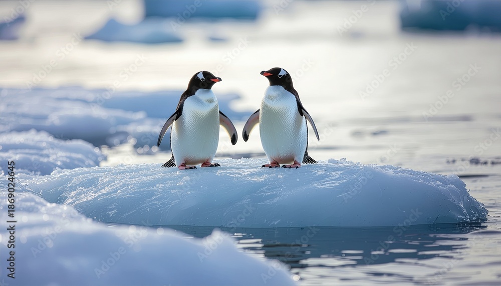Obraz premium Two gentoo penguins stand facing each other on a small ice floe in the Antarctic waters, surrounded by a serene, icy landscape.