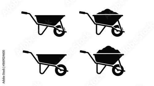 Four black silhouette icons of wheelbarrows some filled with material