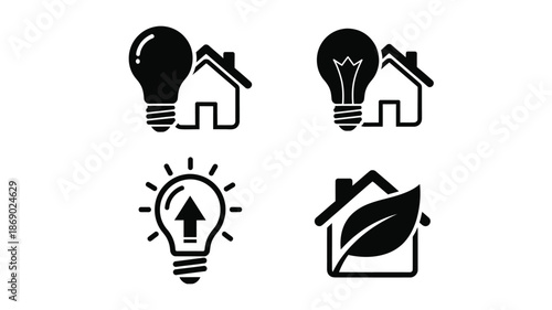 Black icons depicting light bulbs houses leaves and energy efficiency concepts