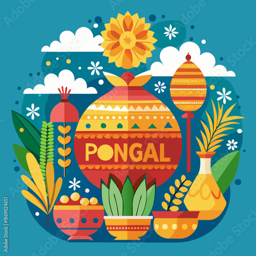 Tamil Nadu festival Happy Pongal with Pongal props, holiday Background, pongal celebration greeting card, vector illustration design.