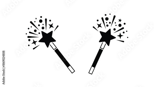 Two black sparkler wands emitting bursts of stars and sparkles isolated on white