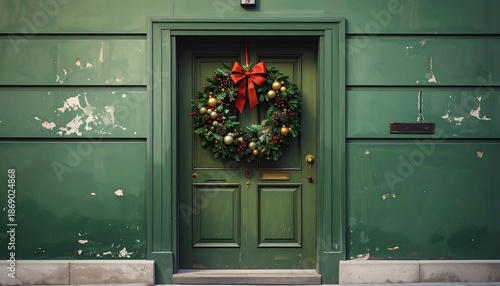 A festive door featuring a vibrant wreath with gold ornaments and a red bow, set against a distressed green wall