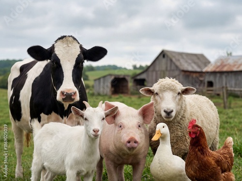 Group of farm animals including cow sheep and pig standing together in a green field near a barn © Meow Creations