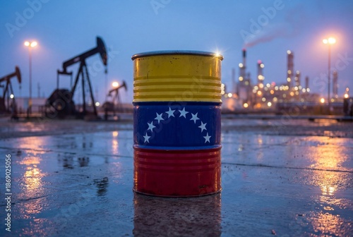 Metal oil barrel painted with venezuelan national flag against industrial petroleum refinery